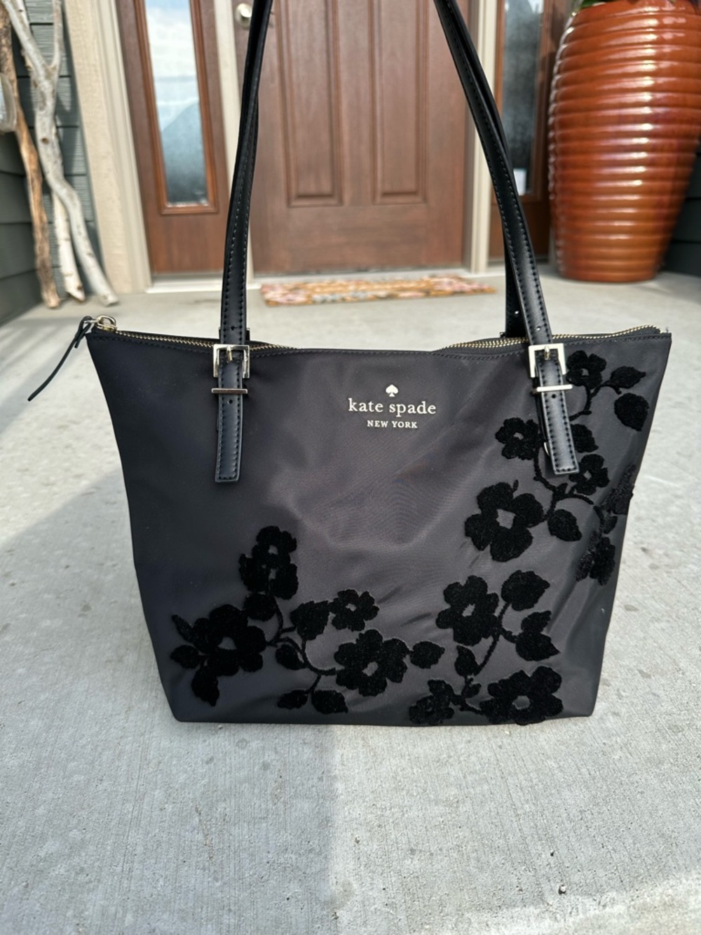 kate spade black floral velvet-appliqué tote